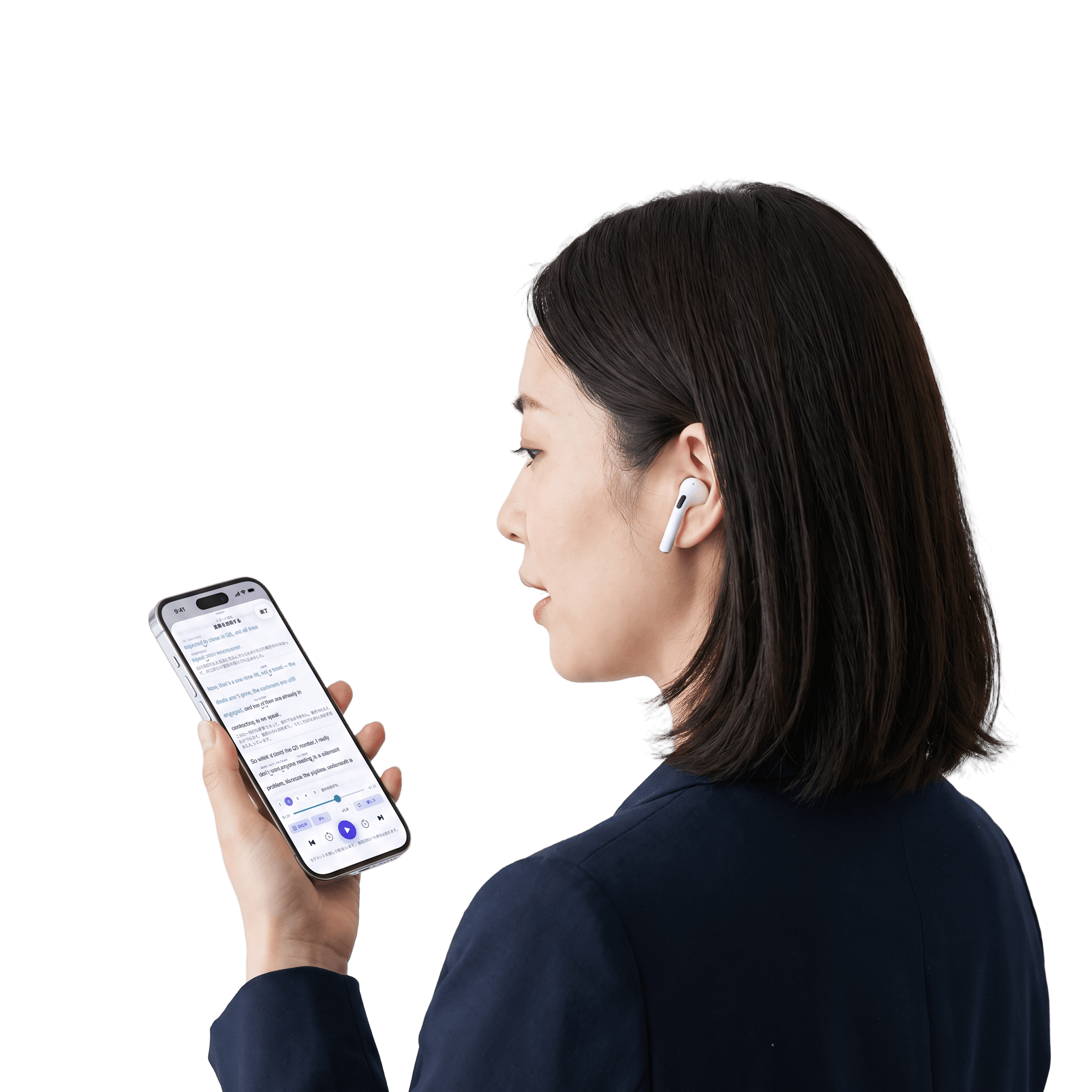 AirPodsをつけて、スマホのシャドーイング画面に向かって英語を話す様子