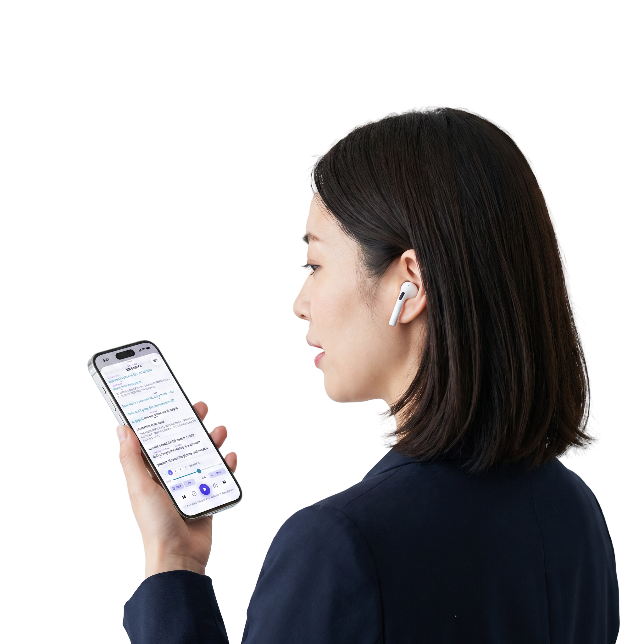 AirPodsをつけて、スマホのシャドーイング画面に向かって英語を話す様子