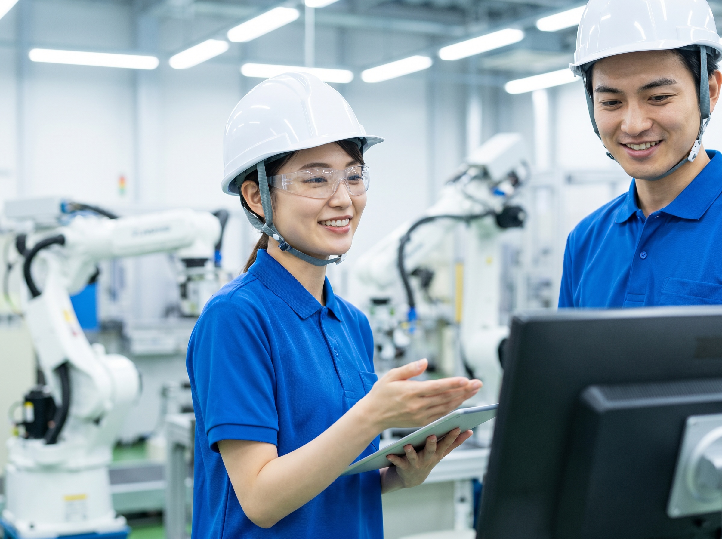 製造現場で設備を説明する技術者