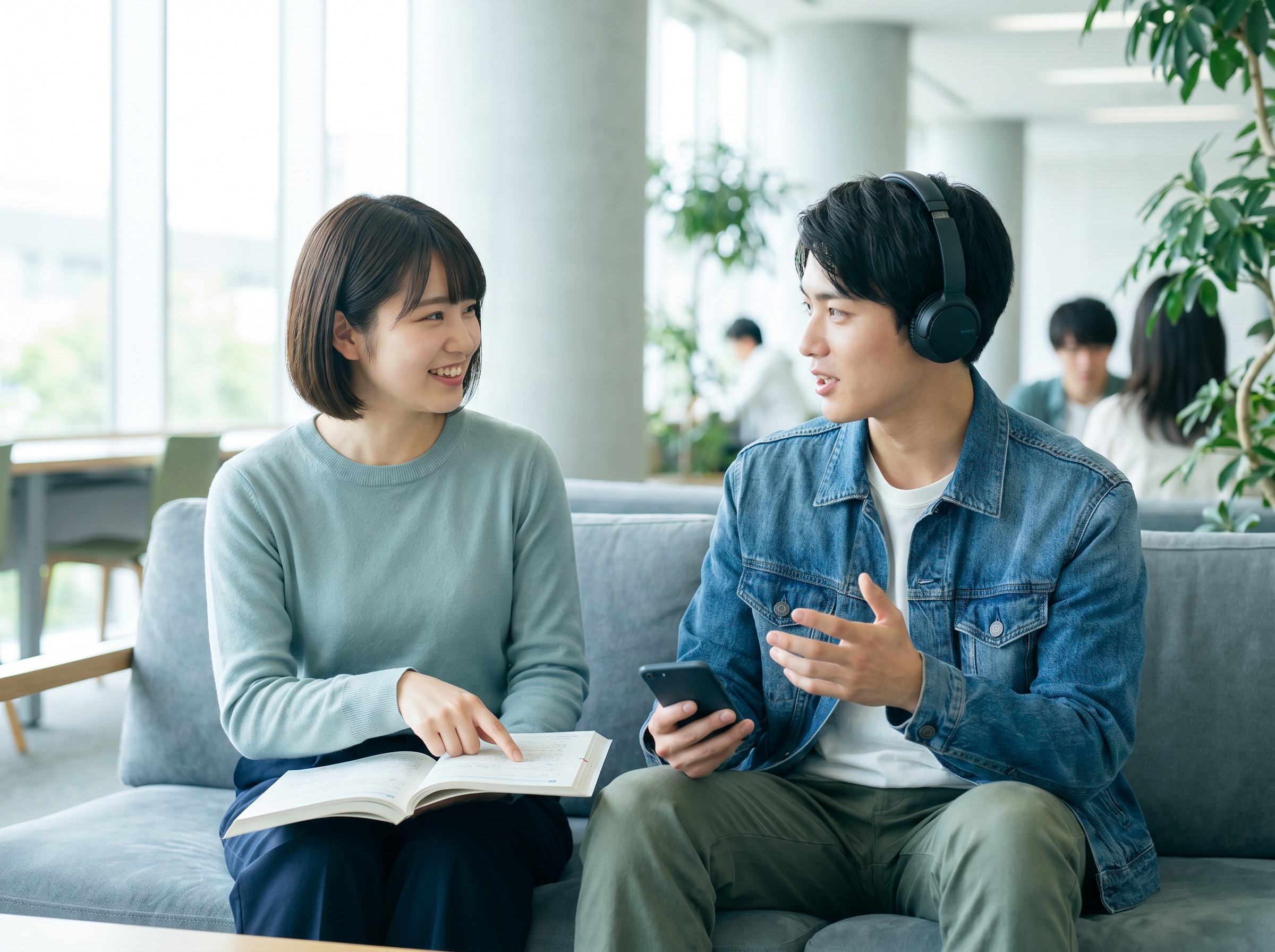 スマホとヘッドホンで英語を練習する大学生